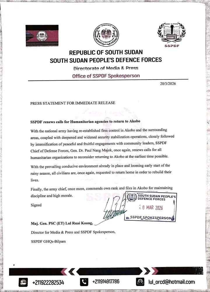 قال الجيش في جمهورية جنوب السودان يوم السبت إن قواته استعادت السيطرة الكاملة على مقاطعة أكوبو بولاية جونقلي، داعياً المنظمات الإنسانية للعودة بعد تحسن الأوضاع الأمنية