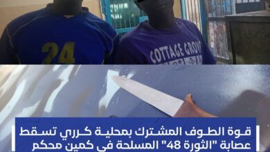 أوقفت قوة من الطوف المشترك بمحلية كرري بولاية الخرطوم اثنين من أفراد عصابة مسلحة تنشط في عمليات النهب تحت تهديد السلاح، وذلك بعد كمين أمني محكم أعقب بلاغاً من أحد المواطنين بتعرضه لسطو مسلح في منطقة الثورة الحارة 48