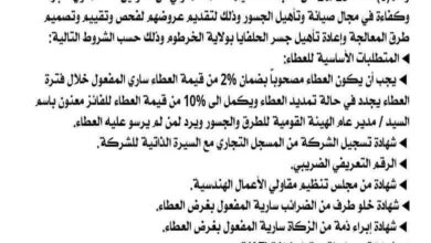 طرحت الهيئة القومية للطرق والجسور، التابعة لوزارة البنى التحتية والنقل، عطاءً عاماً دولياً لإجراء فحص وتقييم وتصميم المعالجات اللازمة وإعادة تأهيل جسر الحلفايا، أحد أهم الجسور الرابطة بين مدن العاصمة.